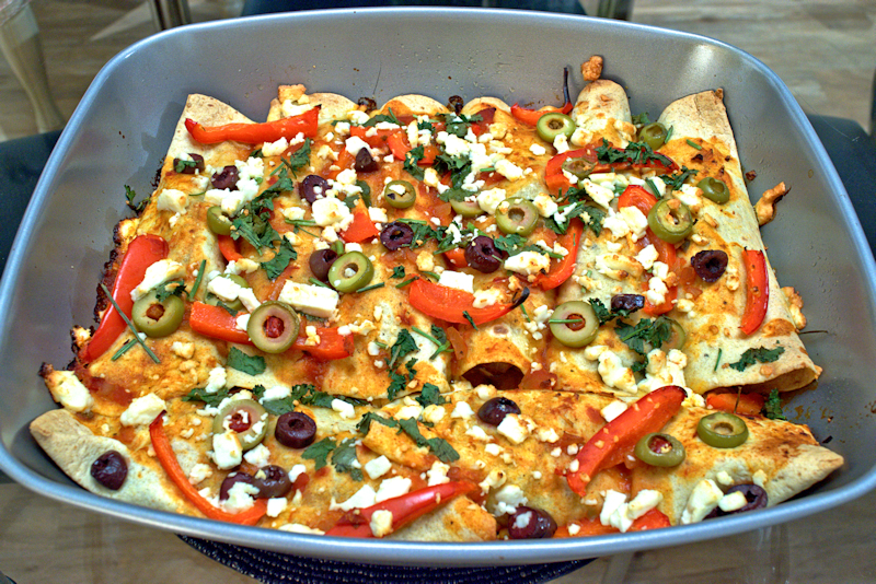 Greek-style Pork Enchiladas with Feta and Peppers