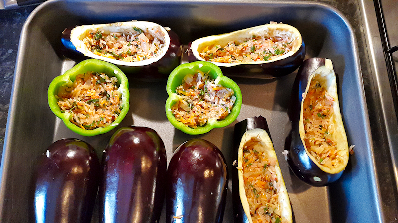 Stuffed Eggplants and Peppers with Rice and Herbs