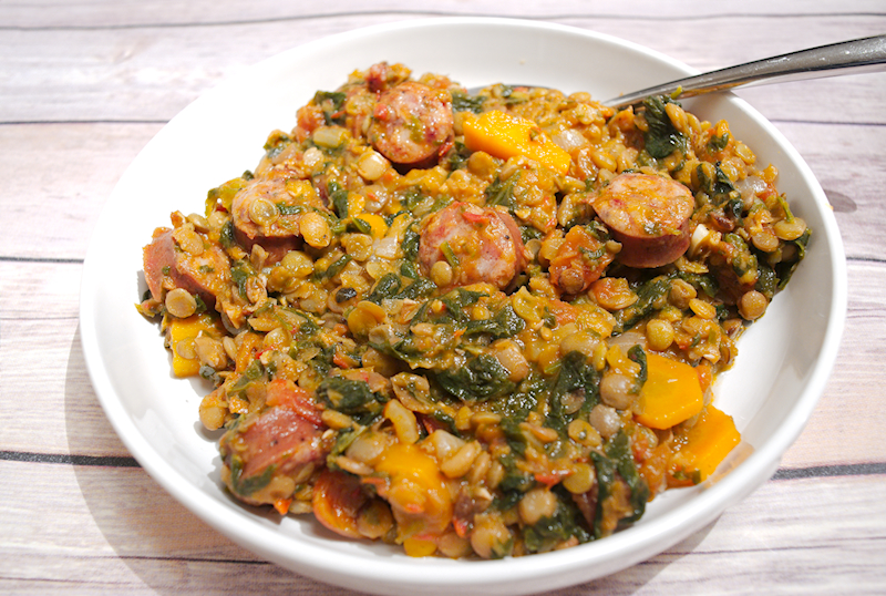 Lentils with Smoked Sausage and Spinach Stew