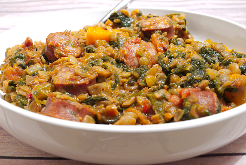 Lentils with Smoked Sausage and Spinach Stew